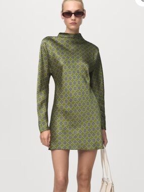 MangoSatin printed dress with perkins collar